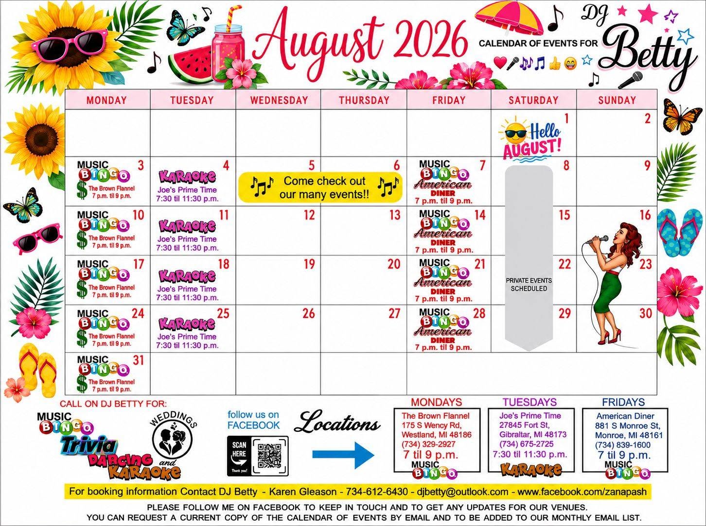 DJ Betty August 2026 calendar of events