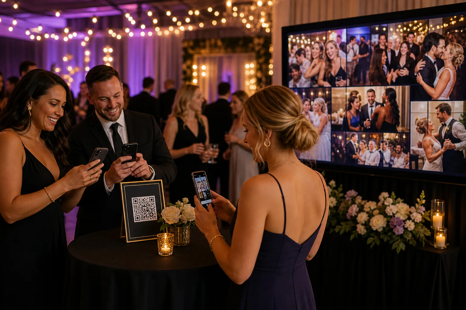Wedding guests sharing photos by phone while approved pictures appear on a live reception display