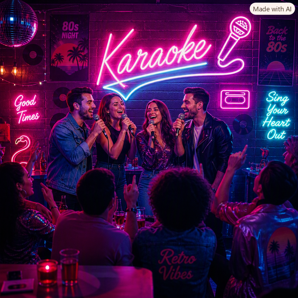 Friends singing karaoke in a neon karaoke setting