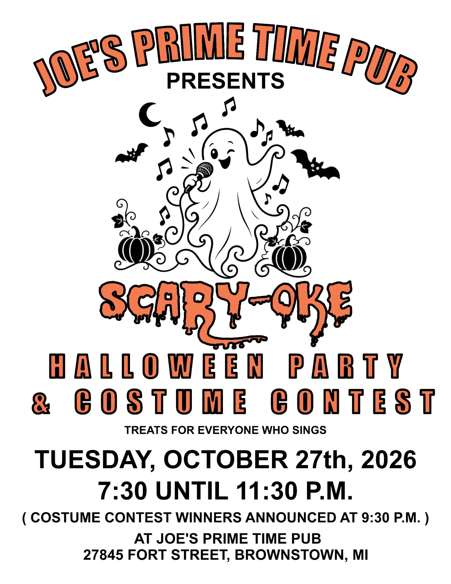 Scary-oke Halloween Party and Costume Contest flyer for Joe's Prime Time Pub on October 27, 2026